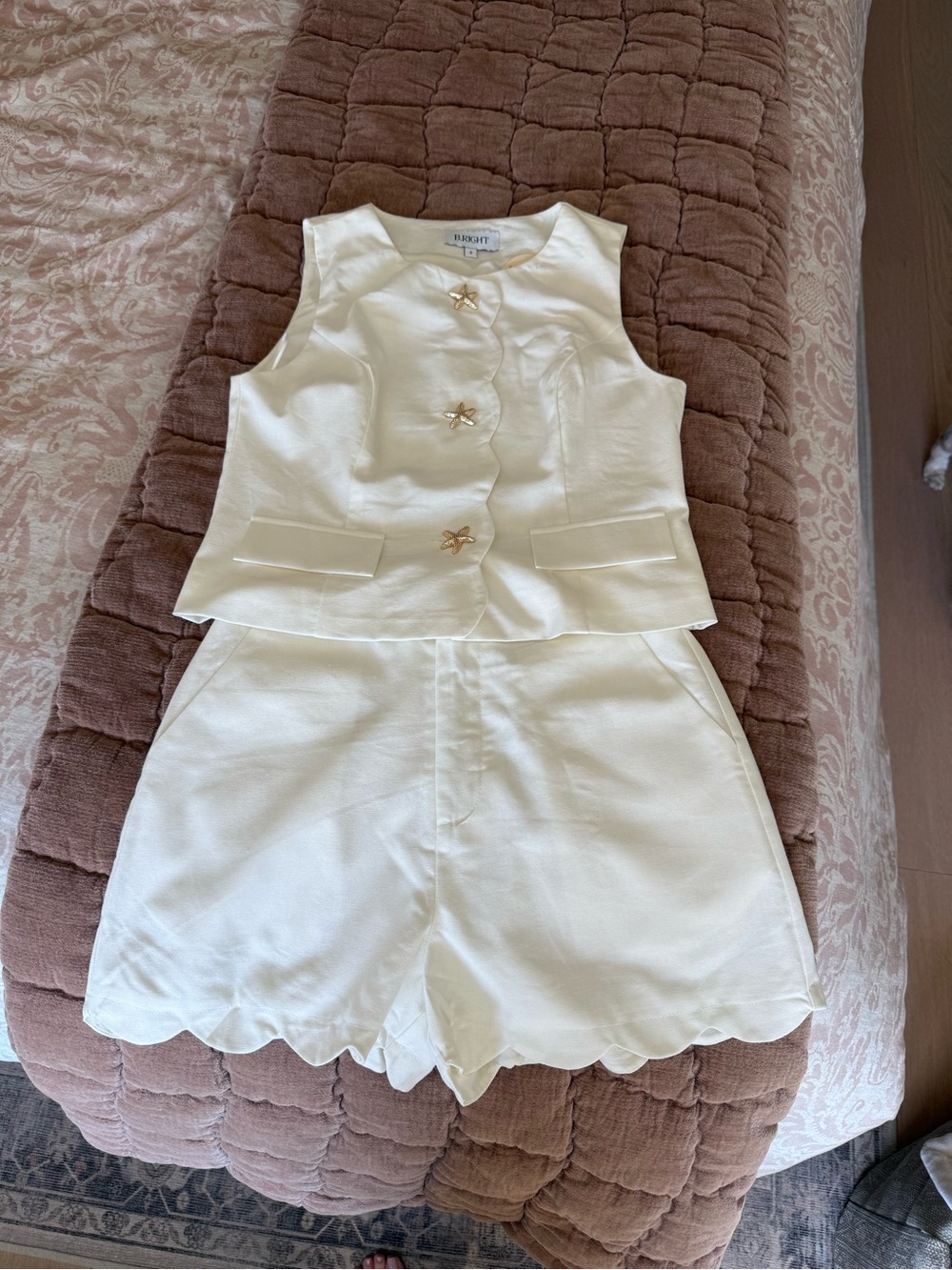 Brighton Cream Scallop-Hem Short Set with Decorative Buttons